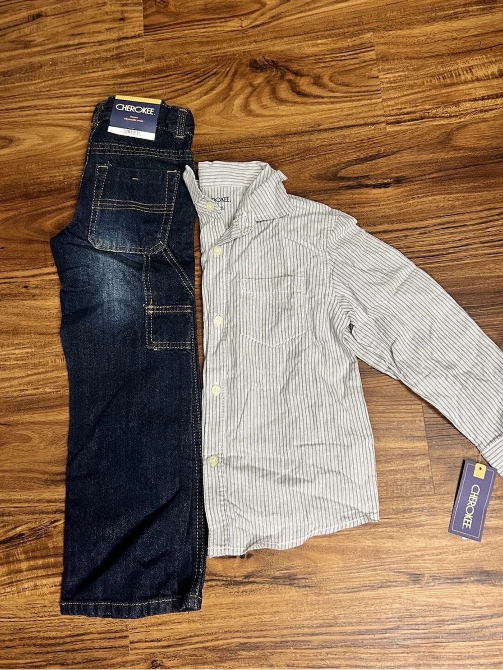 Cherokee Boys Striped Button-Up Shirt in Light Gray and White